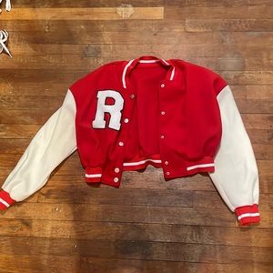 SHEIN red and cream cropped varsity jacket Size:M